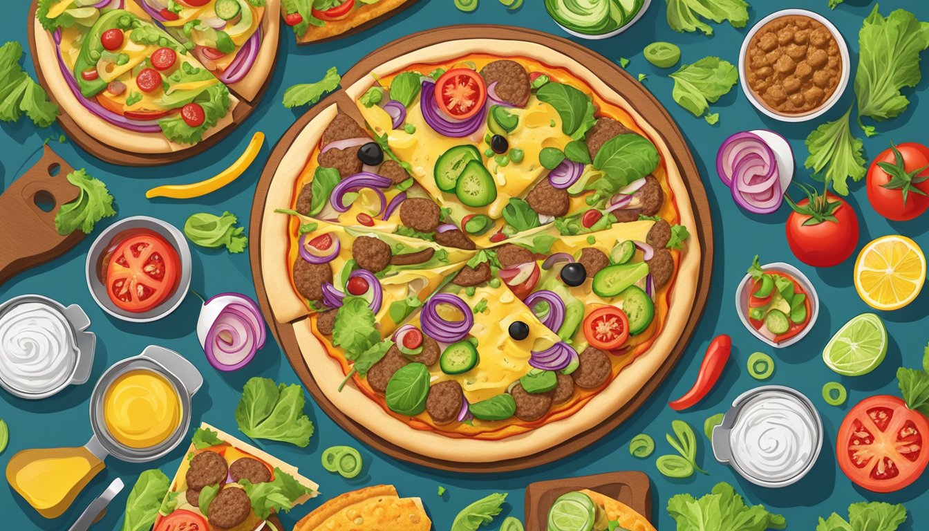 A cheeseburger pizza with vegan cheese, plant-based meat, lettuce, tomatoes, and pickles on a golden-brown crust, surrounded by a variety of colorful toppings