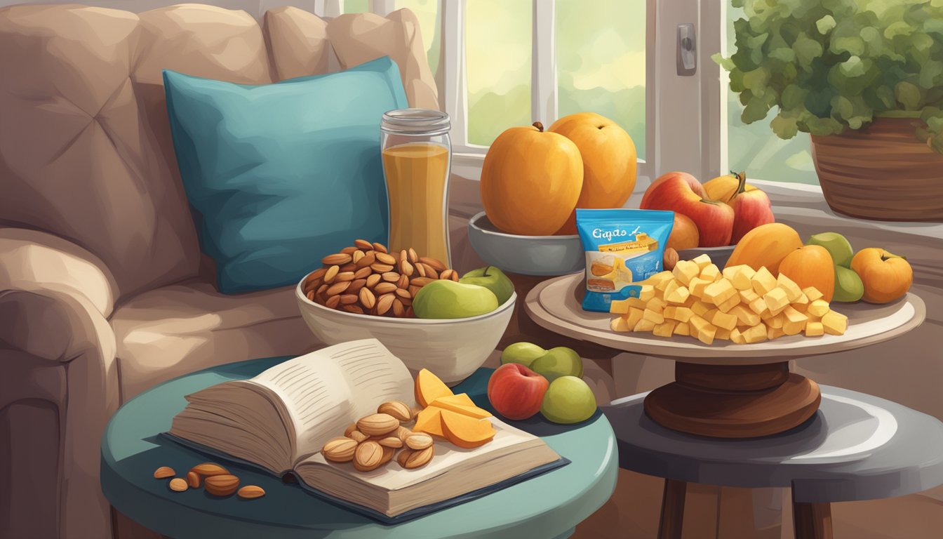 A cozy armchair with a side table holding a variety of healthy snacks such as nuts, fruits, and cheese, perfect for a diabetic book lover's reading session