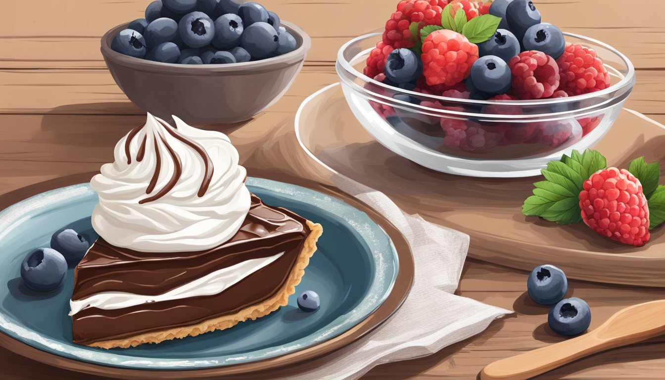 A slice of decadent vegan chocolate cream pie surrounded by fresh berries and a dollop of coconut whipped cream on a rustic wooden table