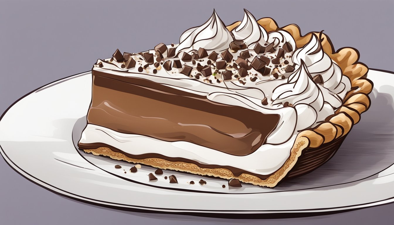 A chocolate cream pie sits on a white plate, garnished with swirls of whipped cream and chocolate shavings