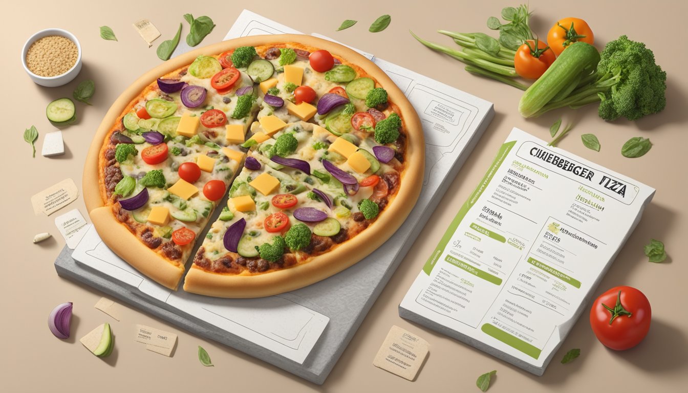 A cheeseburger pizza surrounded by various vegetables and plant-based cheese, with a nutritional information label displayed next to it