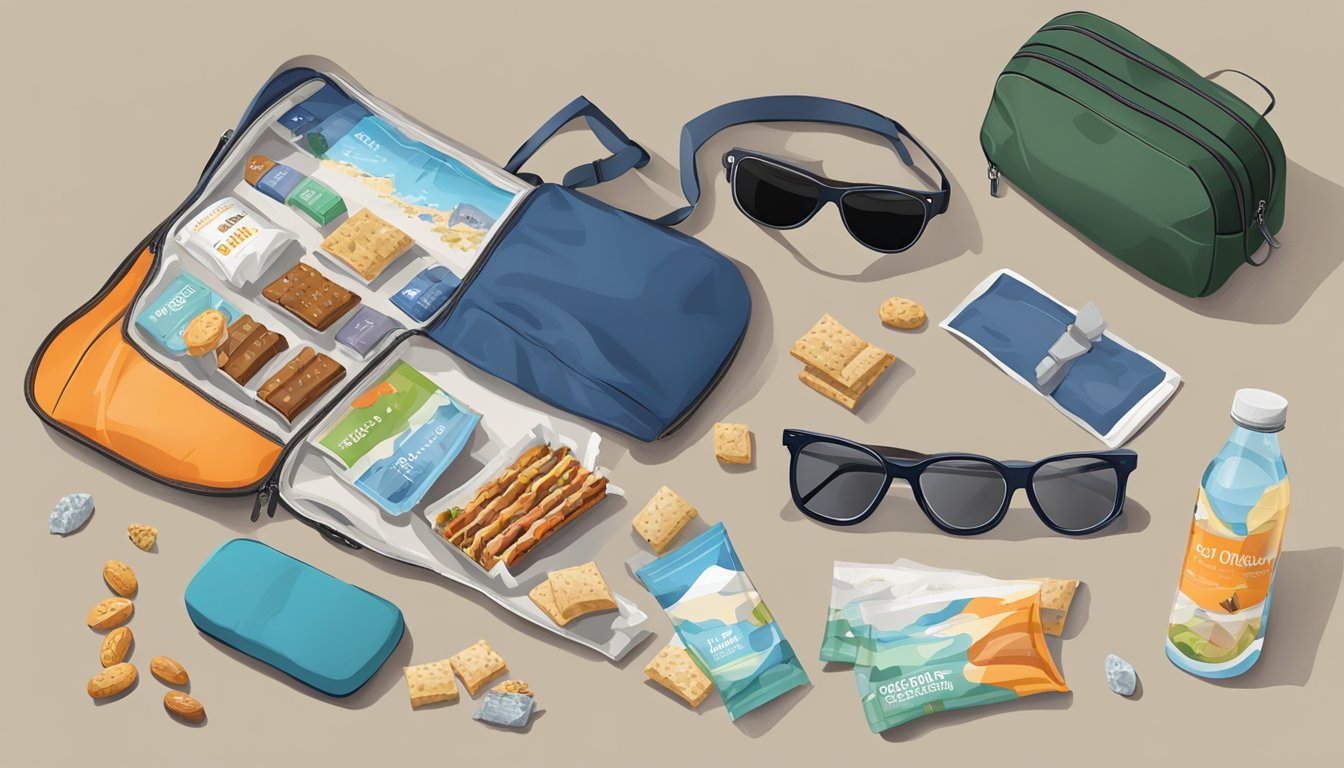 A variety of Kind Bars arranged neatly in a travel bag, surrounded by a map, sunglasses, and a water bottle, ready for a day on the go