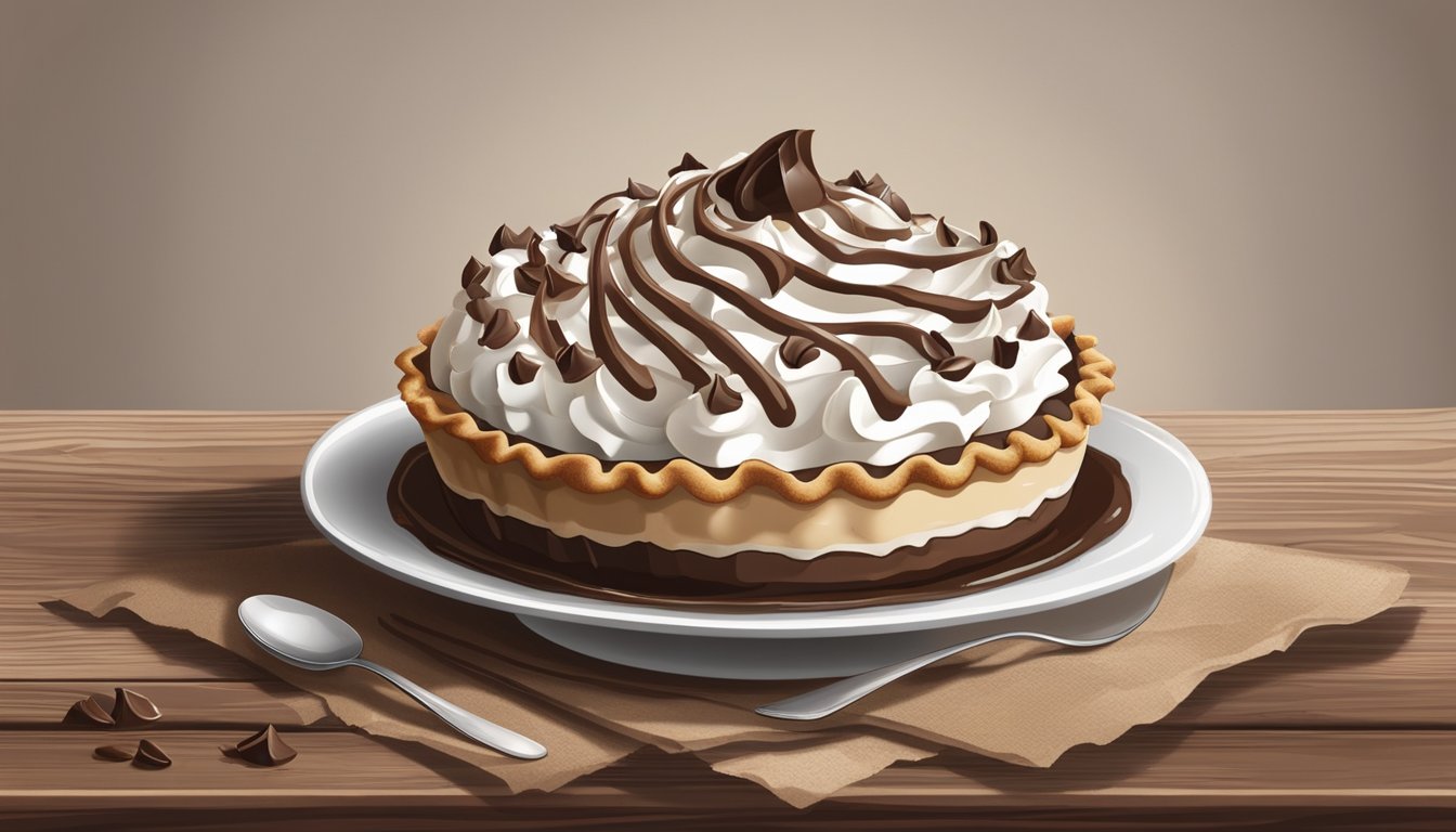 A chocolate cream pie sits on a rustic wooden table, adorned with a dollop of whipped cream and chocolate shavings