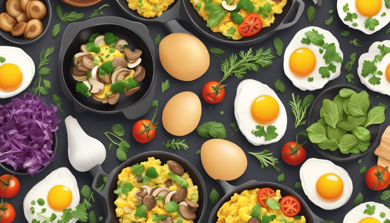 A sizzling skillet with scrambled eggs and mushrooms surrounded by colorful vegetables and herbs, showcasing 8 different ways to prepare diabetic-friendly egg dishes