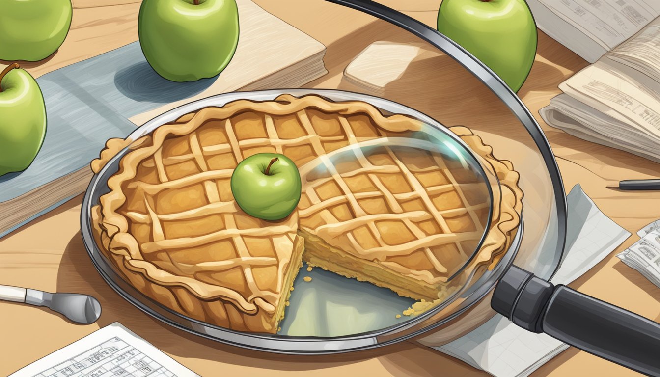 A slice of Amish apple pie being examined with a magnifying glass for any non-vegan ingredients