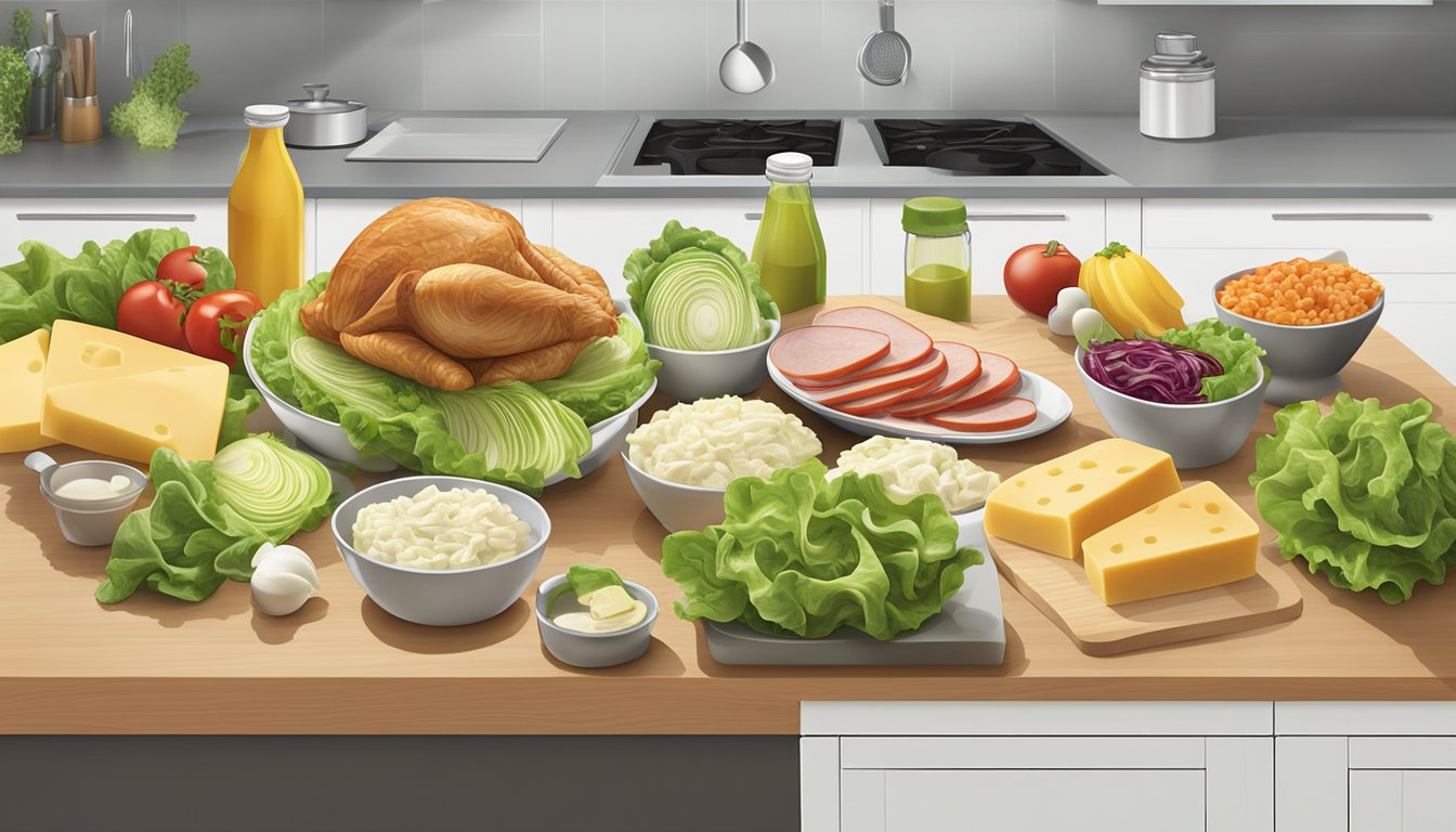 A colorful array of fresh lettuce, turkey, Swiss cheese, and other ingredients laid out on a clean kitchen counter