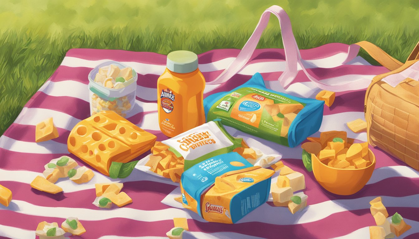 A variety of Annie's Cheddar Bunnies snacks spill out of a colorful, open backpack onto a grassy picnic blanket. A water bottle and sunglasses are nearby