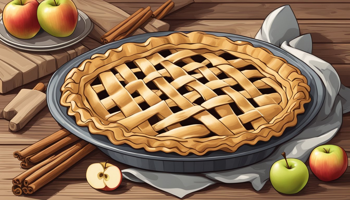 A rustic apple pie sits on a wooden table, surrounded by fresh apples, cinnamon sticks, and a rolling pin