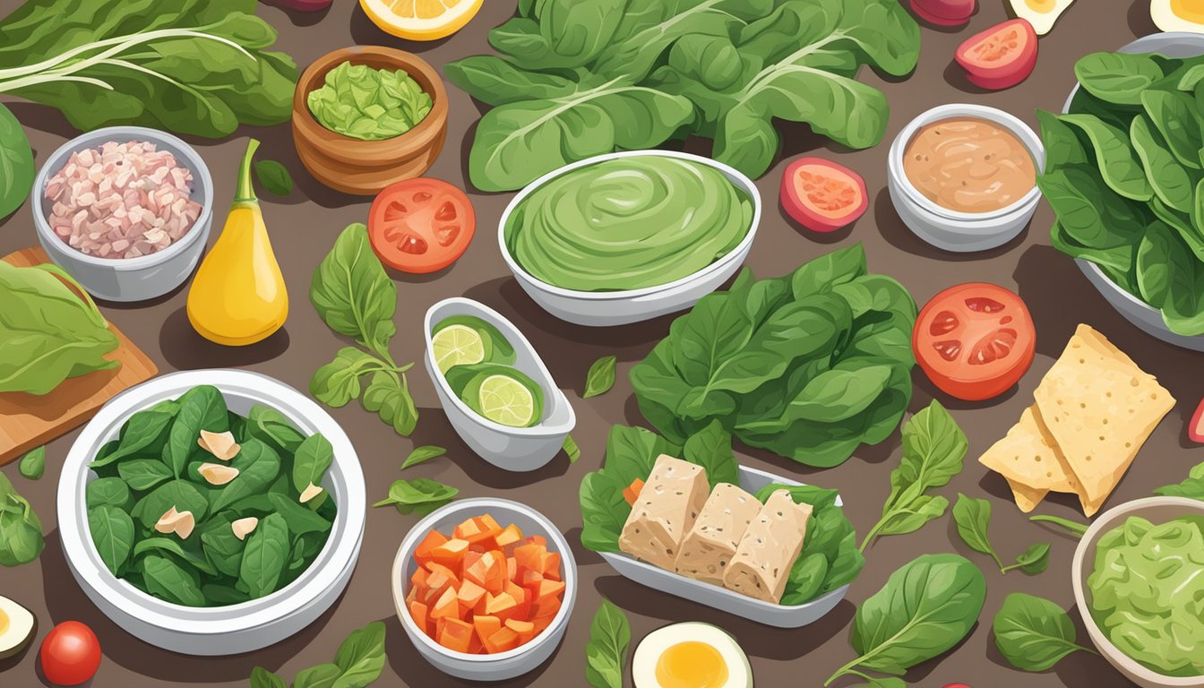 A colorful spread of fresh spinach leaves, vibrant tuna salad, and a soft wrap, surrounded by other healthy ingredients