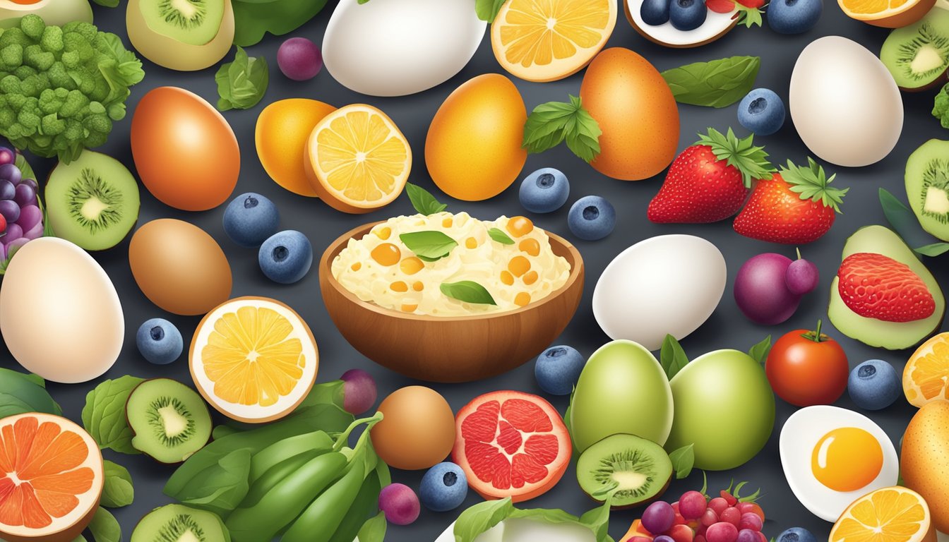 A colorful spread of eggs prepared in various ways, surrounded by vibrant fruits and vegetables, with a clear focus on the nutritional benefits for diabetics