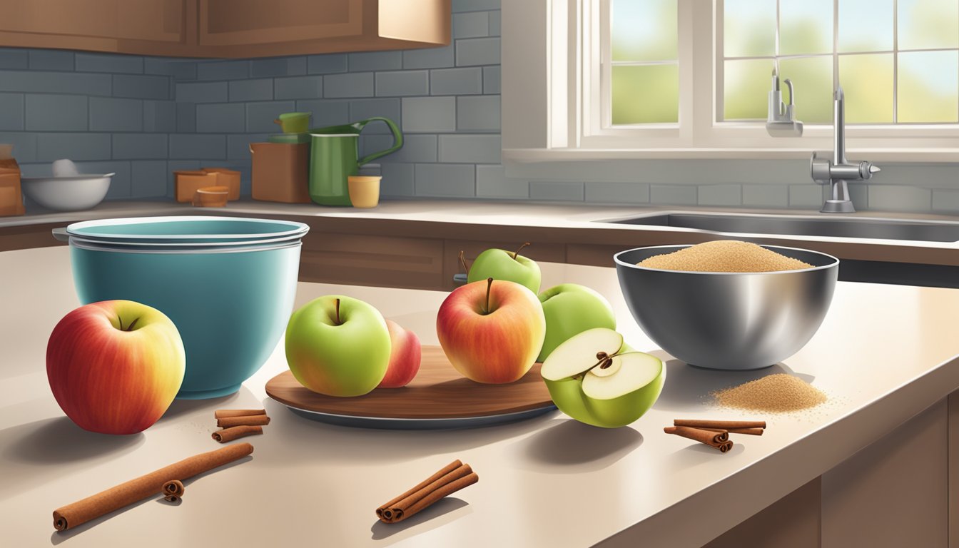 A kitchen counter with fresh apples, cinnamon, sugar, and a mixing bowl