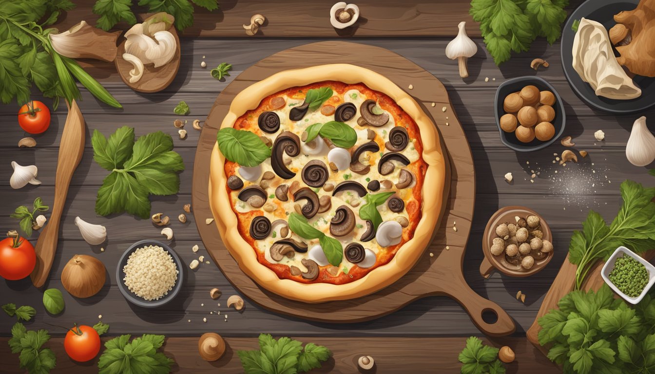 A gourmet pizza topped with mushrooms and truffles, surrounded by fresh ingredients and a rustic wood backdrop