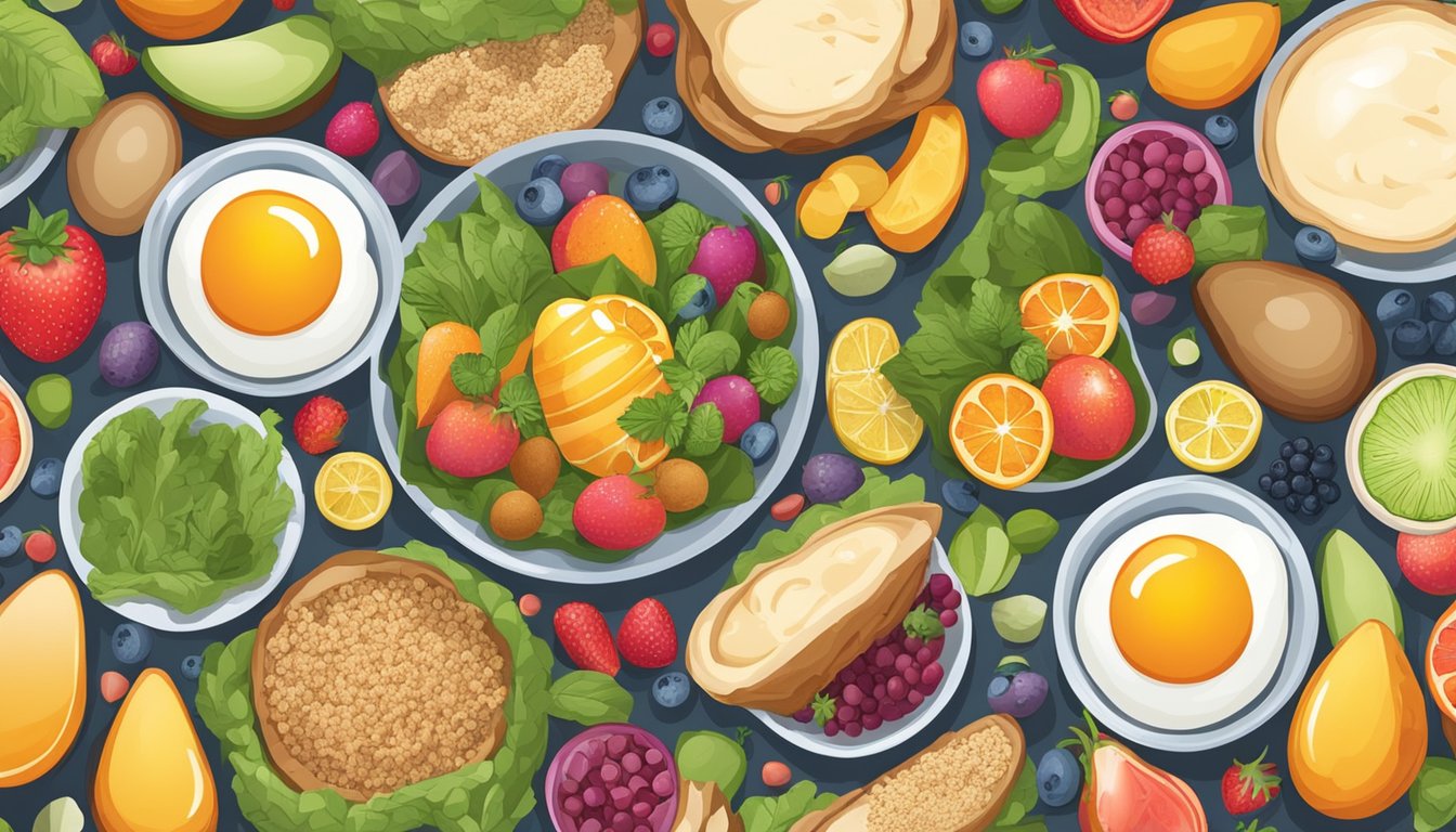 A colorful array of eggs prepared in various ways, surrounded by vibrant fruits, vegetables, and whole grains on a plate