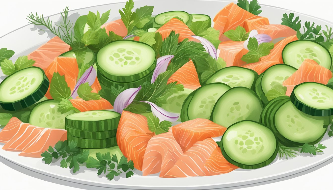 A colorful array of fresh cucumber, smoked salmon, and vibrant greens arranged on a clean, white plate