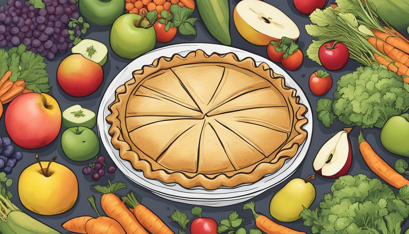 An apple pie surrounded by a variety of fruits and vegetables, with a clear label indicating "vegan" and "allergen information."