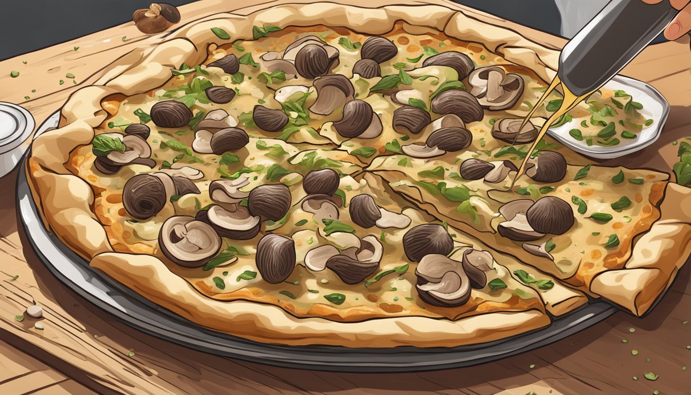 A chef sprinkles sliced mushrooms and drizzles truffle oil onto a vegan pizza crust