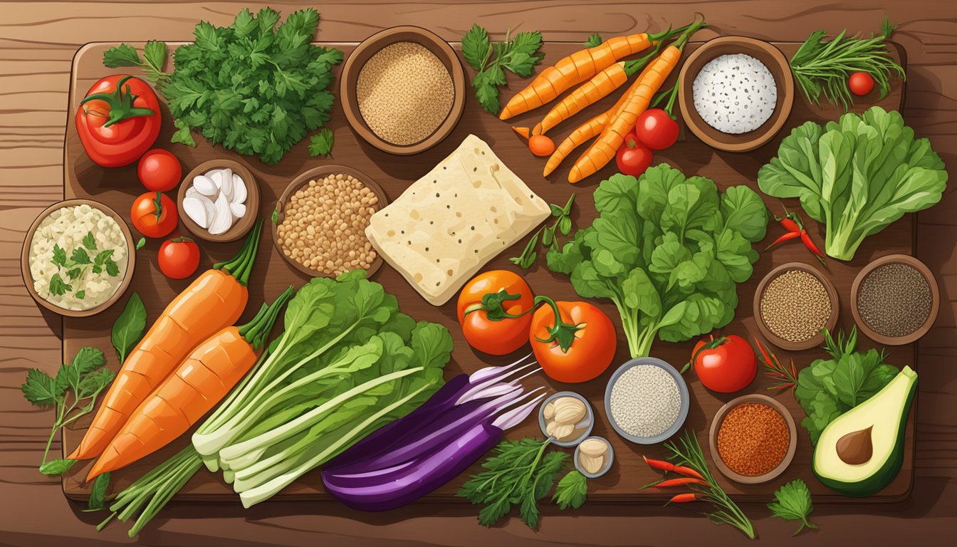 A colorful array of fresh vegetables, lean proteins, and whole grain wraps arranged on a wooden cutting board, surrounded by vibrant herbs and spices