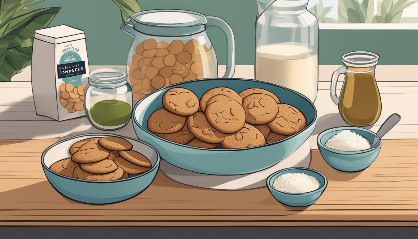 A kitchen counter with a tray of freshly baked gingersnap cookies next to a bowl of vegan ingredients like coconut oil and almond milk