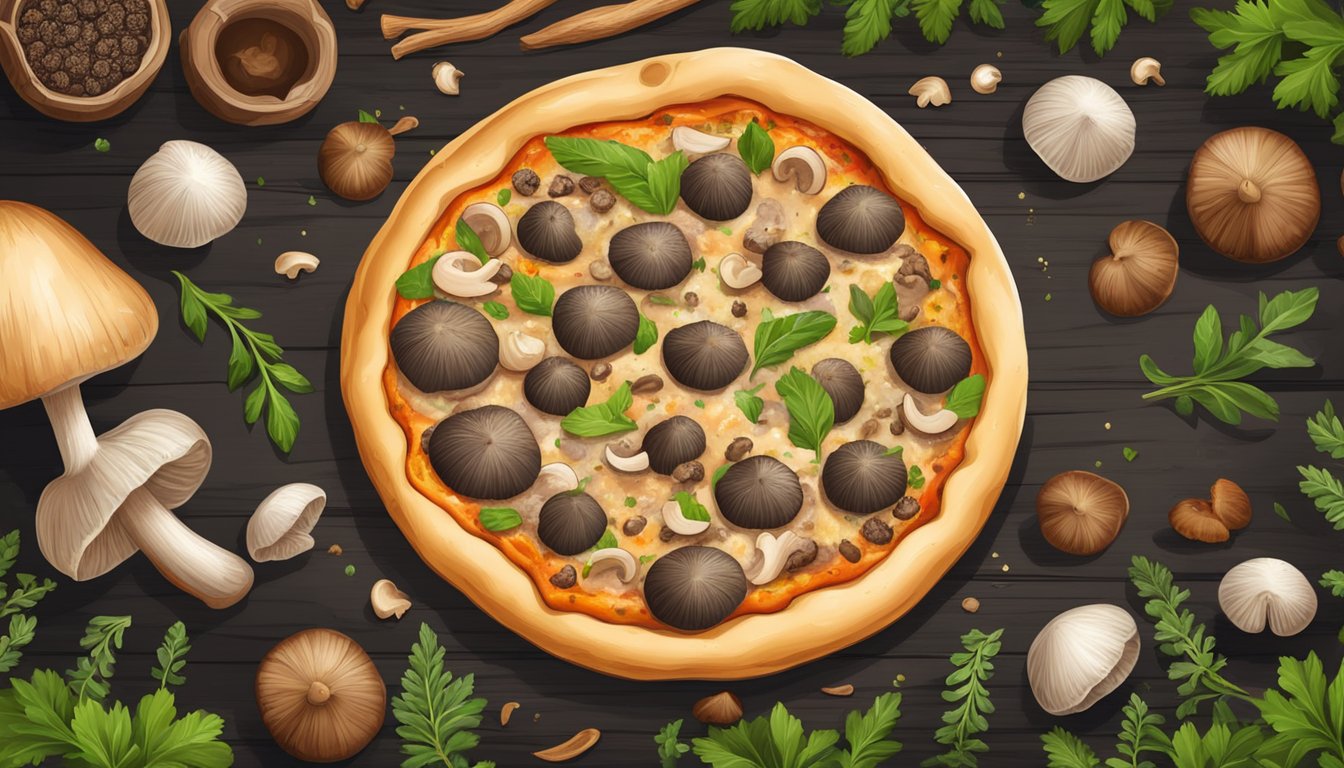 A mouthwatering mushroom and truffle pizza sits on a rustic wooden table, surrounded by fresh herbs and spices. The aroma of earthy mushrooms and rich truffle wafts through the air