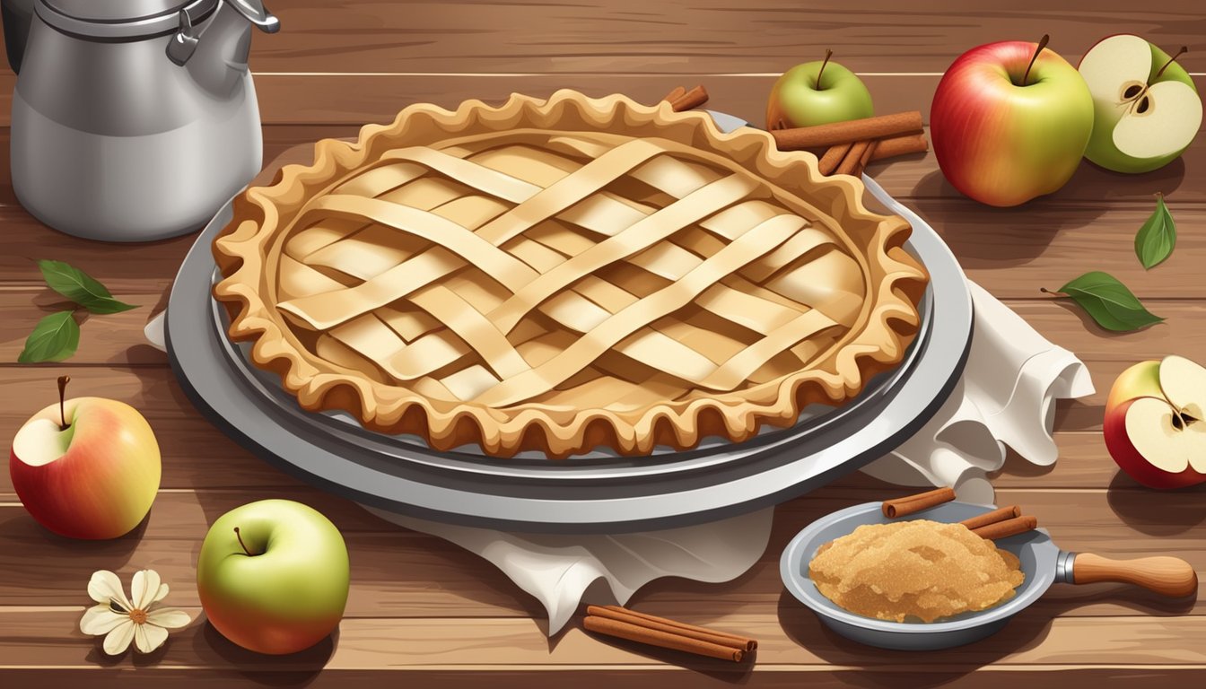 A rustic kitchen with ingredients for apple pie laid out on a wooden table, including apples, cinnamon, and a rolling pin