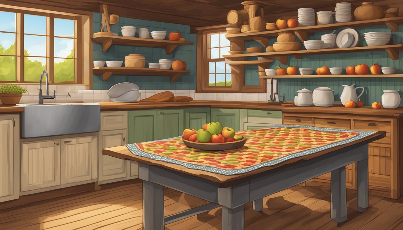 A rustic kitchen with a wooden table covered in freshly picked apples, a rolling pin, and a pie dish. A traditional Amish quilt hangs on the wall