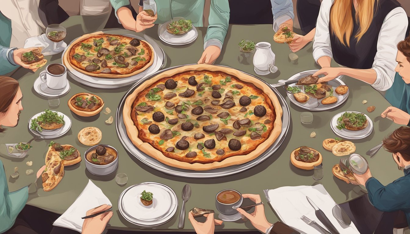 A table set with a gourmet mushroom and truffle vegan pizza being served and enjoyed by a group of people