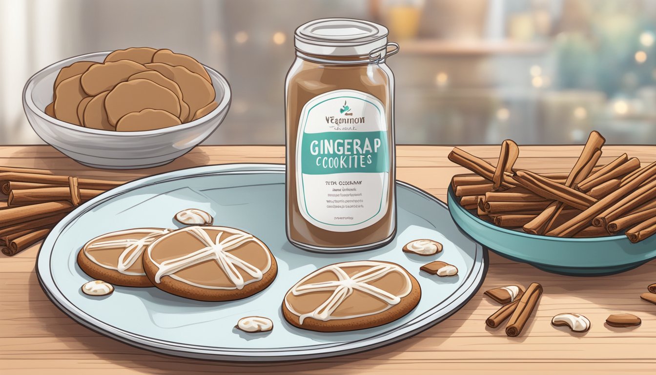 A plate of gingersnap cookies surrounded by cinnamon sticks, with a jar of vegan icing and a decorative icing bag nearby