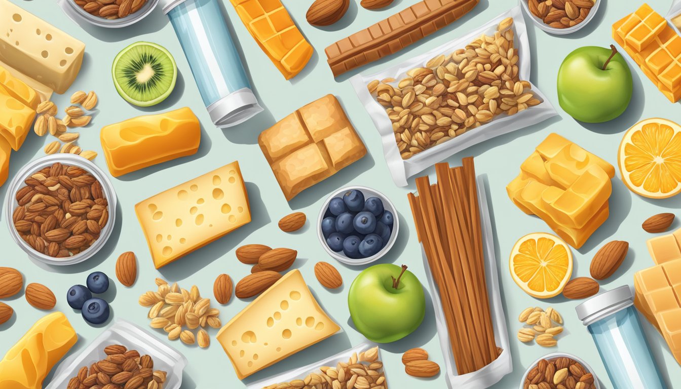 A variety of portable snacks arranged neatly in a bag, including fruits, nuts, granola bars, and cheese sticks