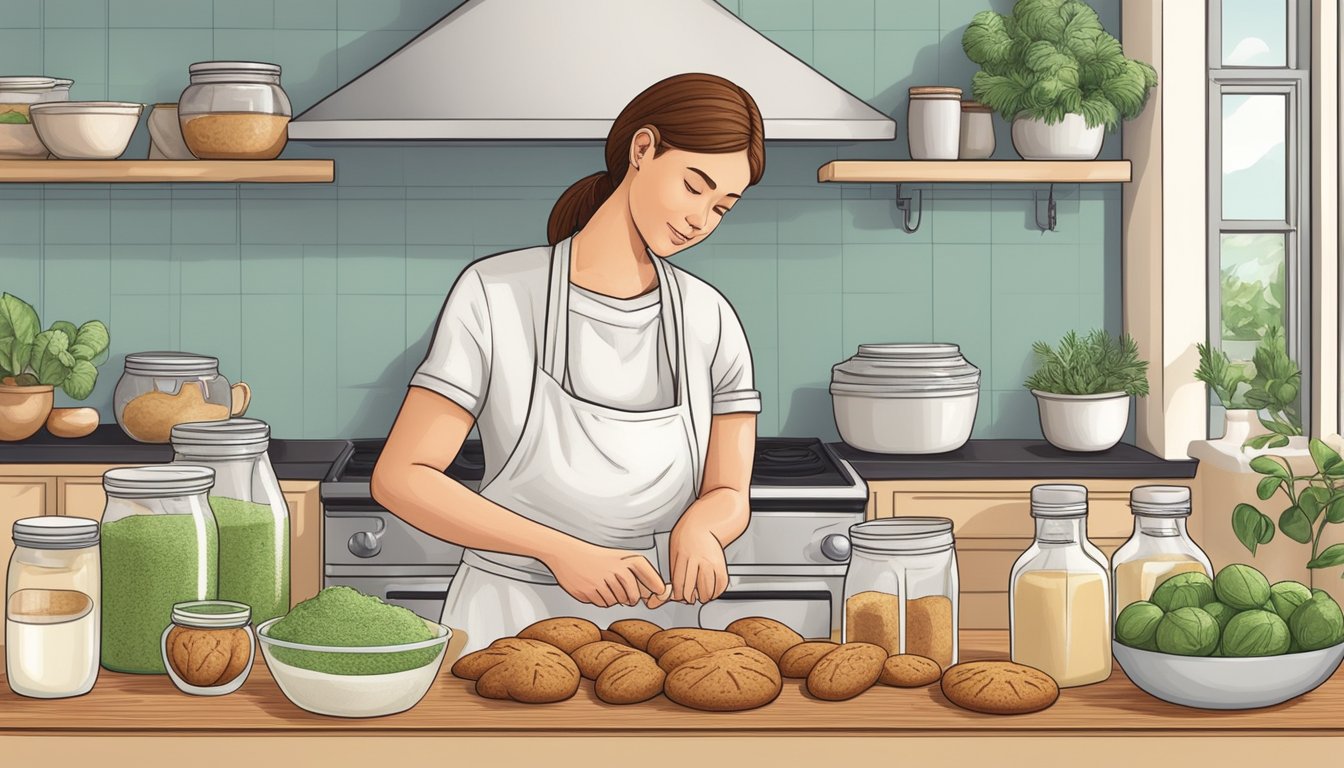 A baker carefully selects plant-based ingredients for gingersnap cookies, including almond milk and coconut oil, to accommodate vegan dietary needs