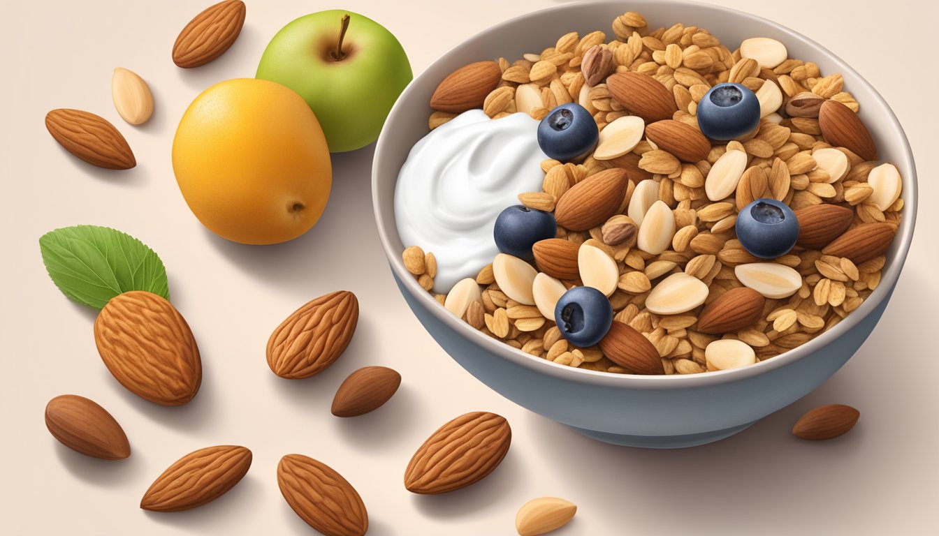 A bowl of almond granola surrounded by various fruits, nuts, and yogurt, with a diabetic-friendly label