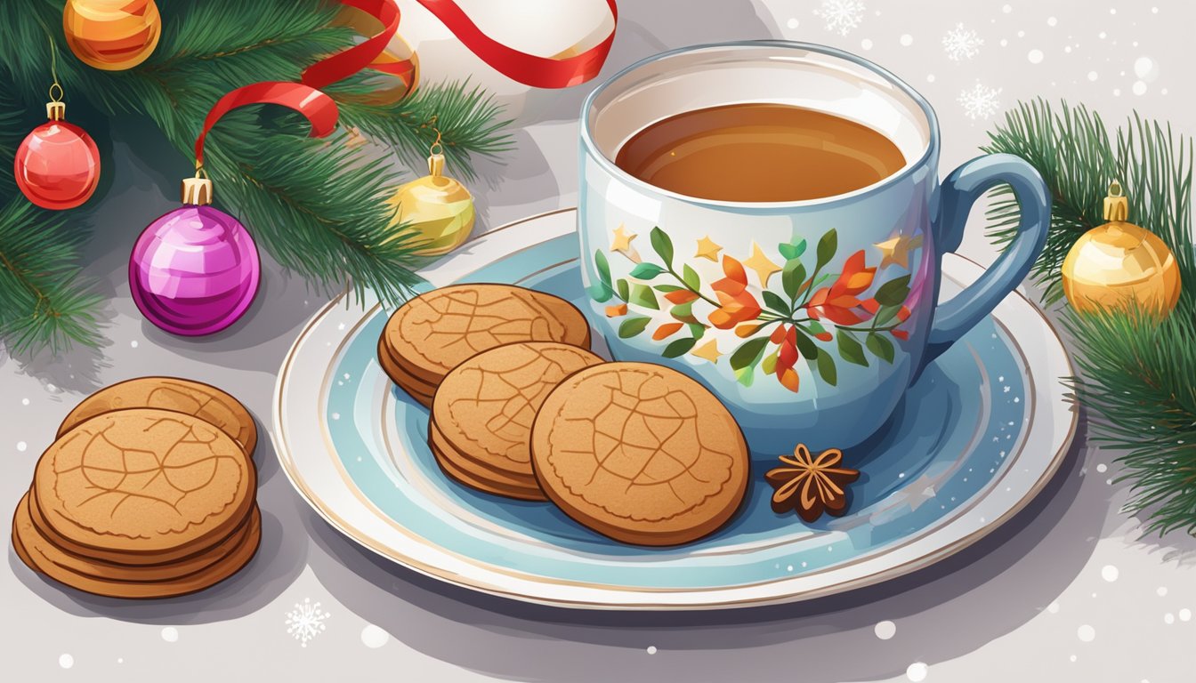 A plate of gingersnap cookies surrounded by festive decorations and a cup of hot tea