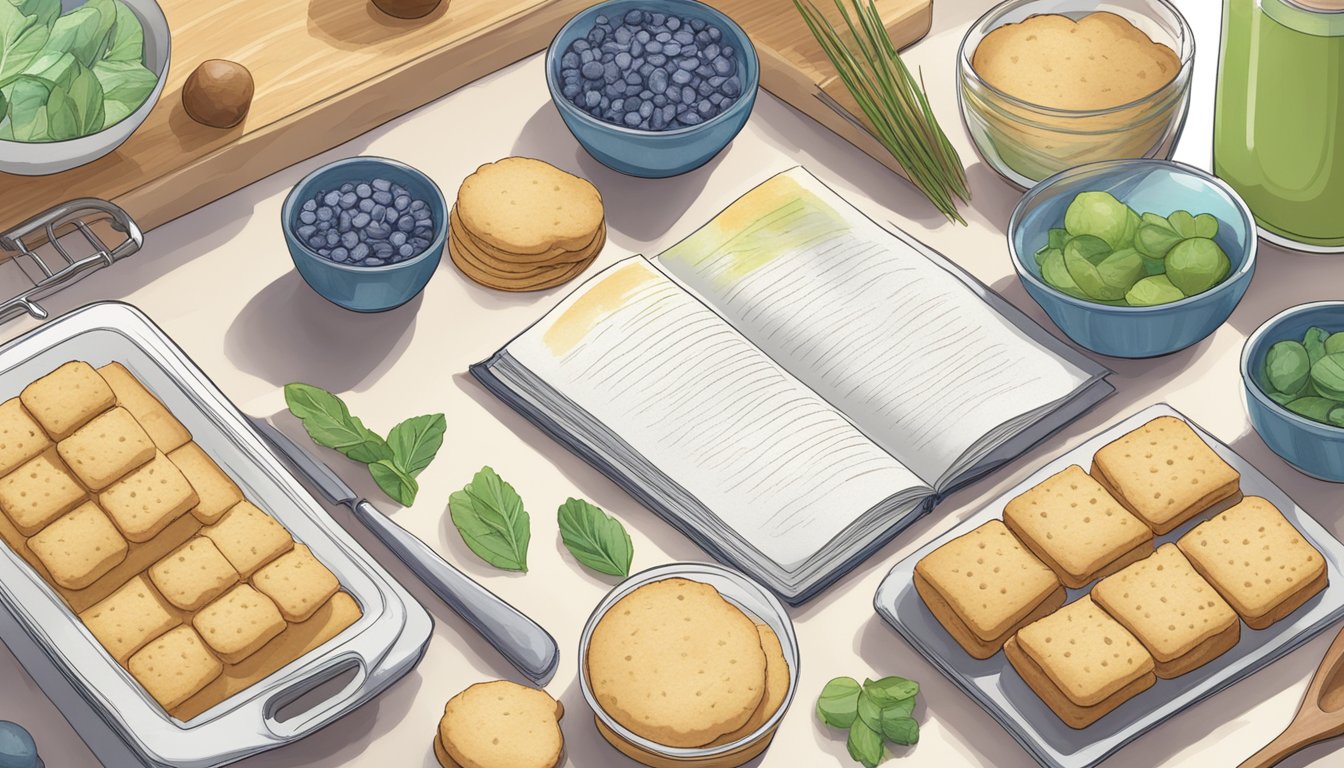 A kitchen counter with ingredients for vegan shortbread cookies and a recipe book open to a page about vegan baking