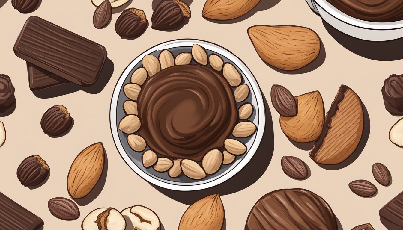 A bowl of dark chocolate covered almonds surrounded by various almond-based treats, such as almond butter, almond milk, and almond flour baked goods