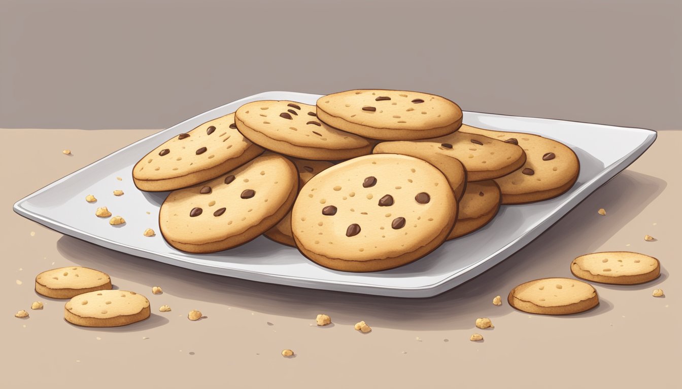 A plate of classic shortbread cookies sits on a table, with a few crumbs scattered around. The cookies have a crumbly texture and a golden brown color