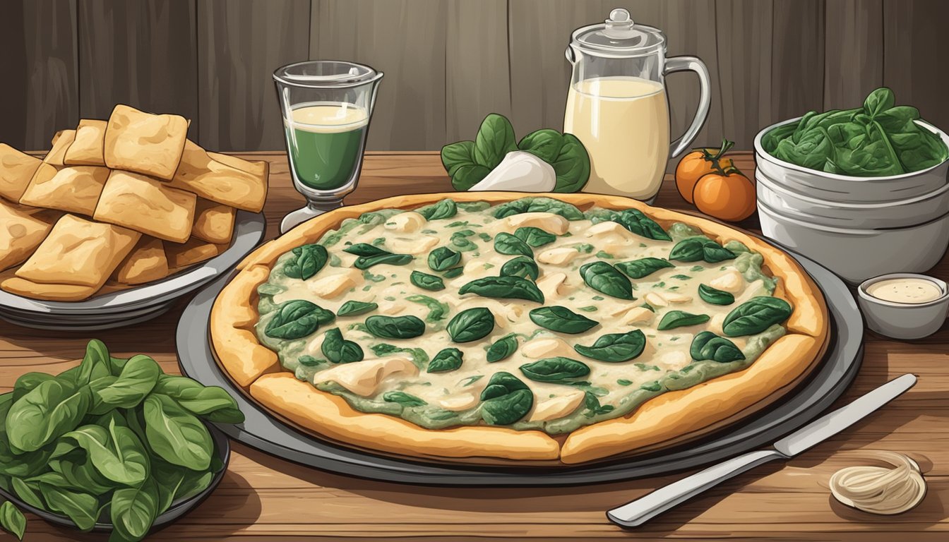 A rustic wooden table with a freshly baked chicken spinach alfredo pizza surrounded by ingredients like chicken, spinach, and alfredo sauce