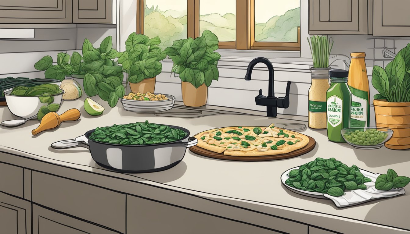 A kitchen counter with ingredients for vegan chicken spinach alfredo pizza, including dairy-free cheese, fresh spinach, and plant-based chicken