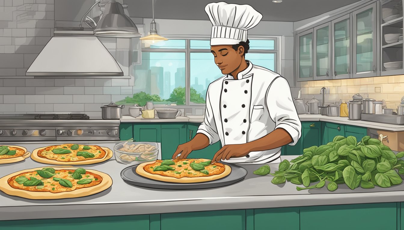 A chef prepares a vegan chicken spinach alfredo pizza with fresh ingredients and a golden crust in a bustling kitchen