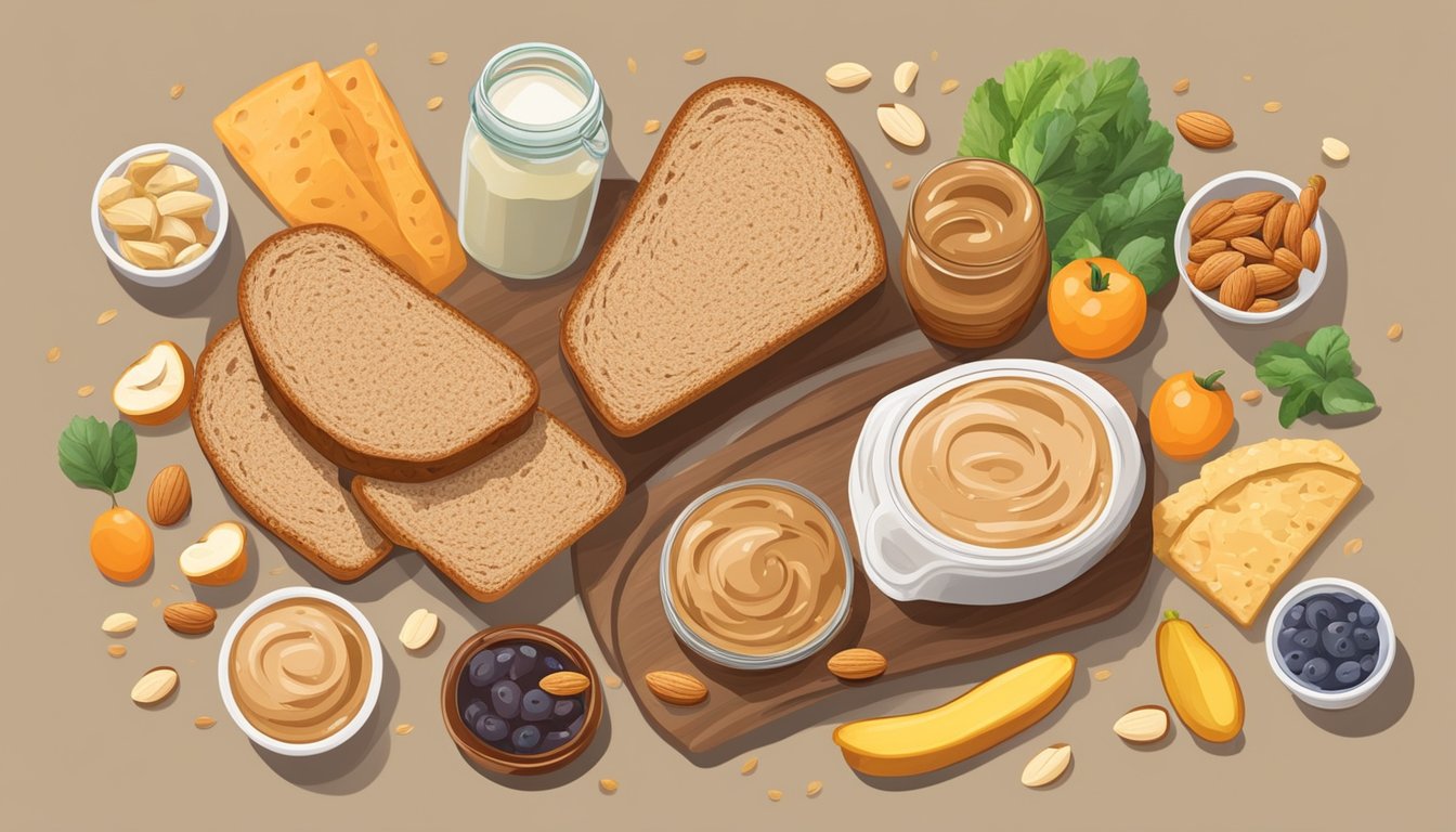 A slice of whole grain bread with almond butter spread on top, surrounded by a variety of nutritious snacks