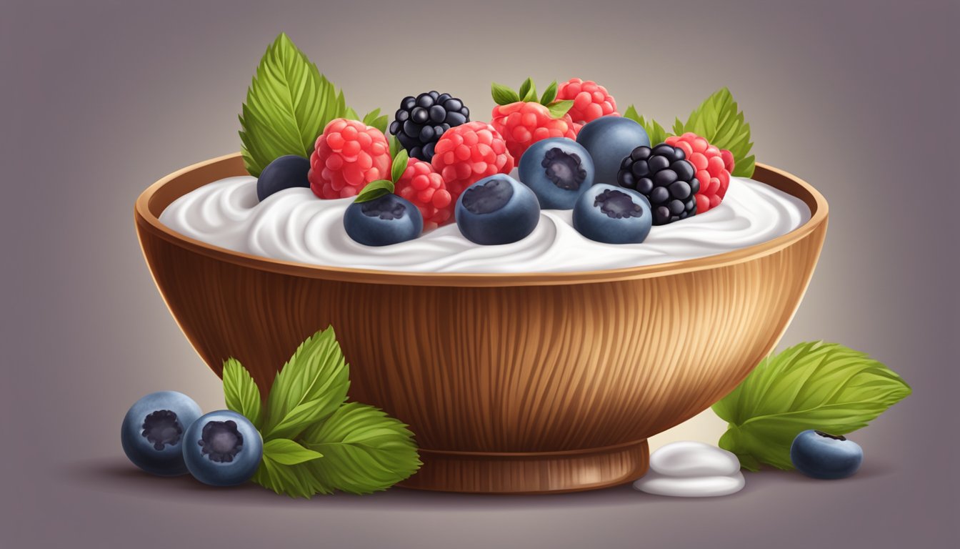 A bowl of Greek yogurt topped with fresh berries on a wooden table