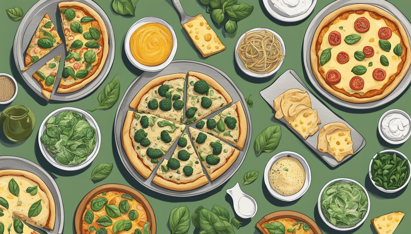 A table set with a chicken spinach alfredo pizza alongside various vegan pizza options. Ingredients and plant-based cheese are visible