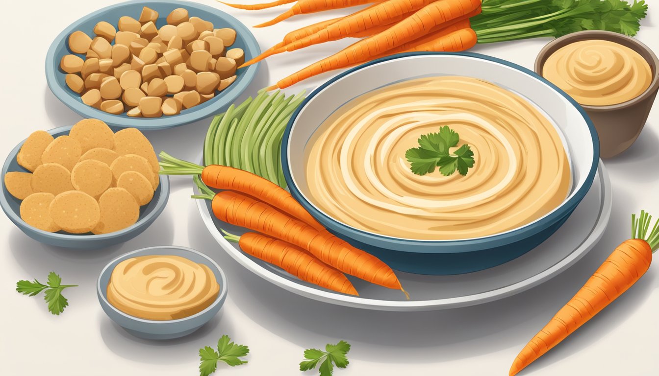 A plate of carrot sticks arranged around a bowl of hummus, with a variety of other healthy snacks in the background