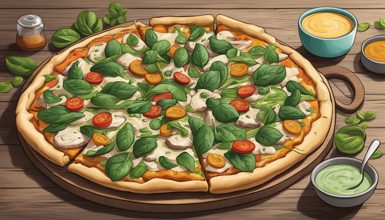 A colorful vegan pizza with spinach, dairy-free alfredo sauce, and plant-based chicken alternative, set on a rustic wooden table