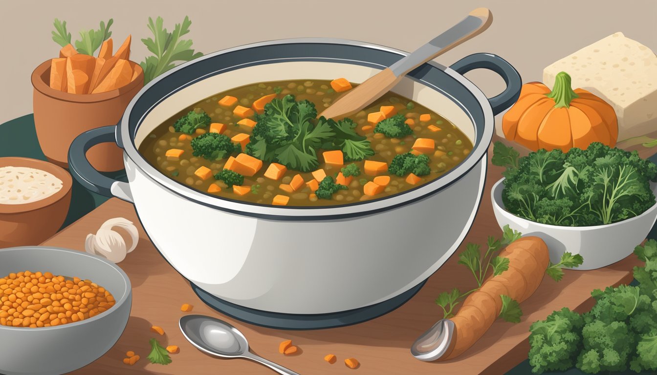 A steaming pot of lentil soup with kale and sweet potatoes surrounded by fresh ingredients and a bowl and spoon