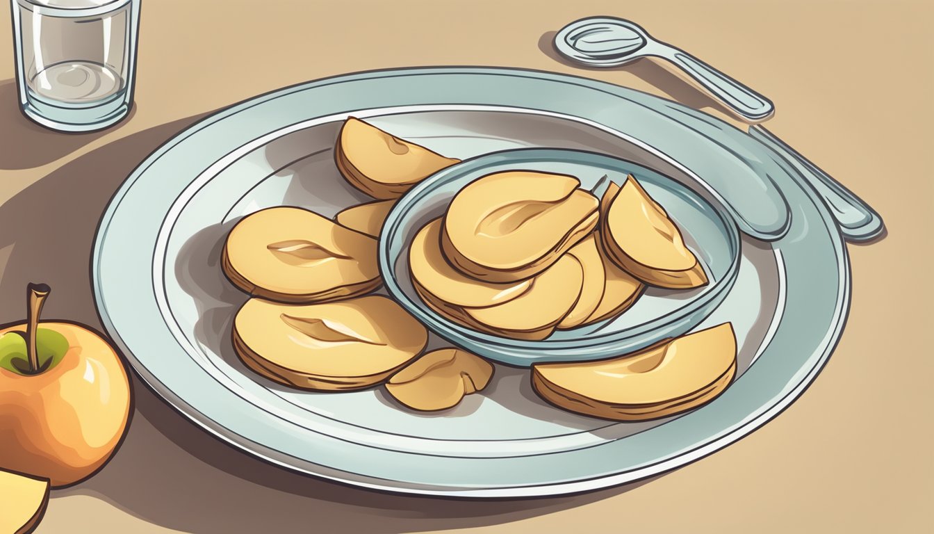 A plate of apple slices arranged around a dollop of peanut butter, with a glass of water nearby