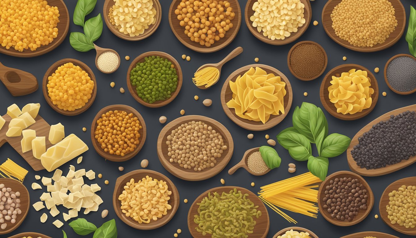 A colorful array of healthy pasta alternatives, including lentil, chickpea, and quinoa varieties, arranged on a wooden cutting board