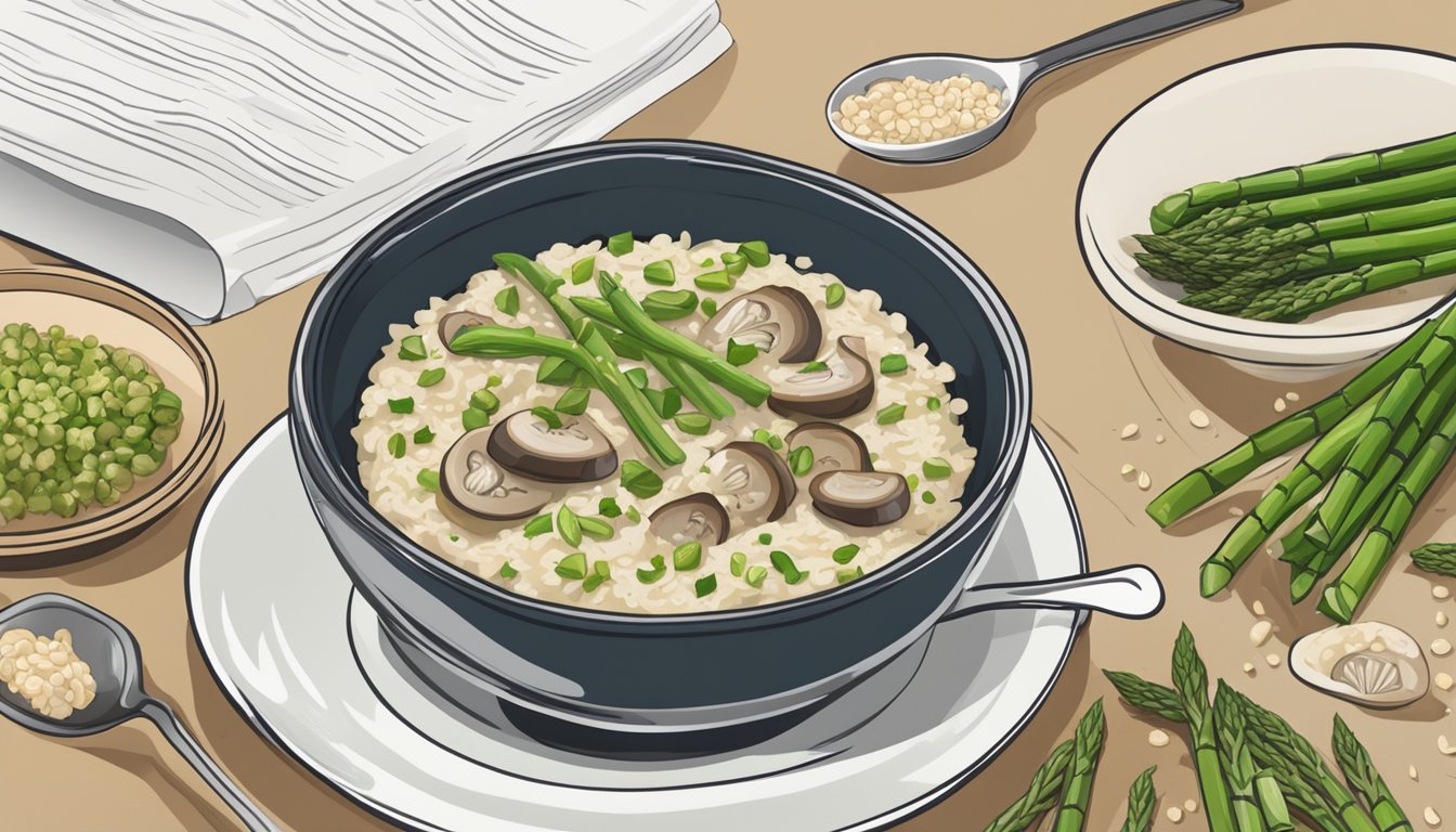 A steaming bowl of mushroom and asparagus risotto surrounded by fresh ingredients and a diabetes-friendly meal booklet