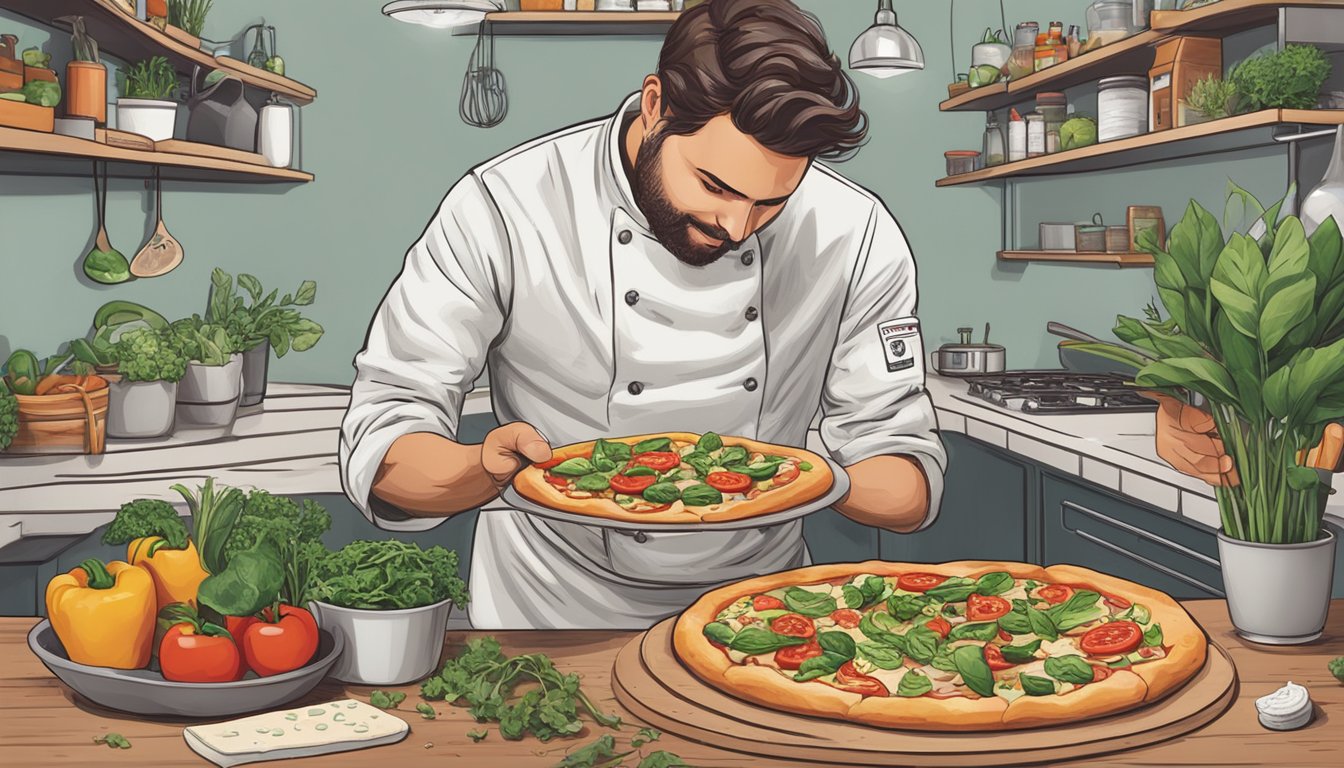 A chef preparing a New York style vegan pizza with innovative plant-based toppings and dairy-free cheese