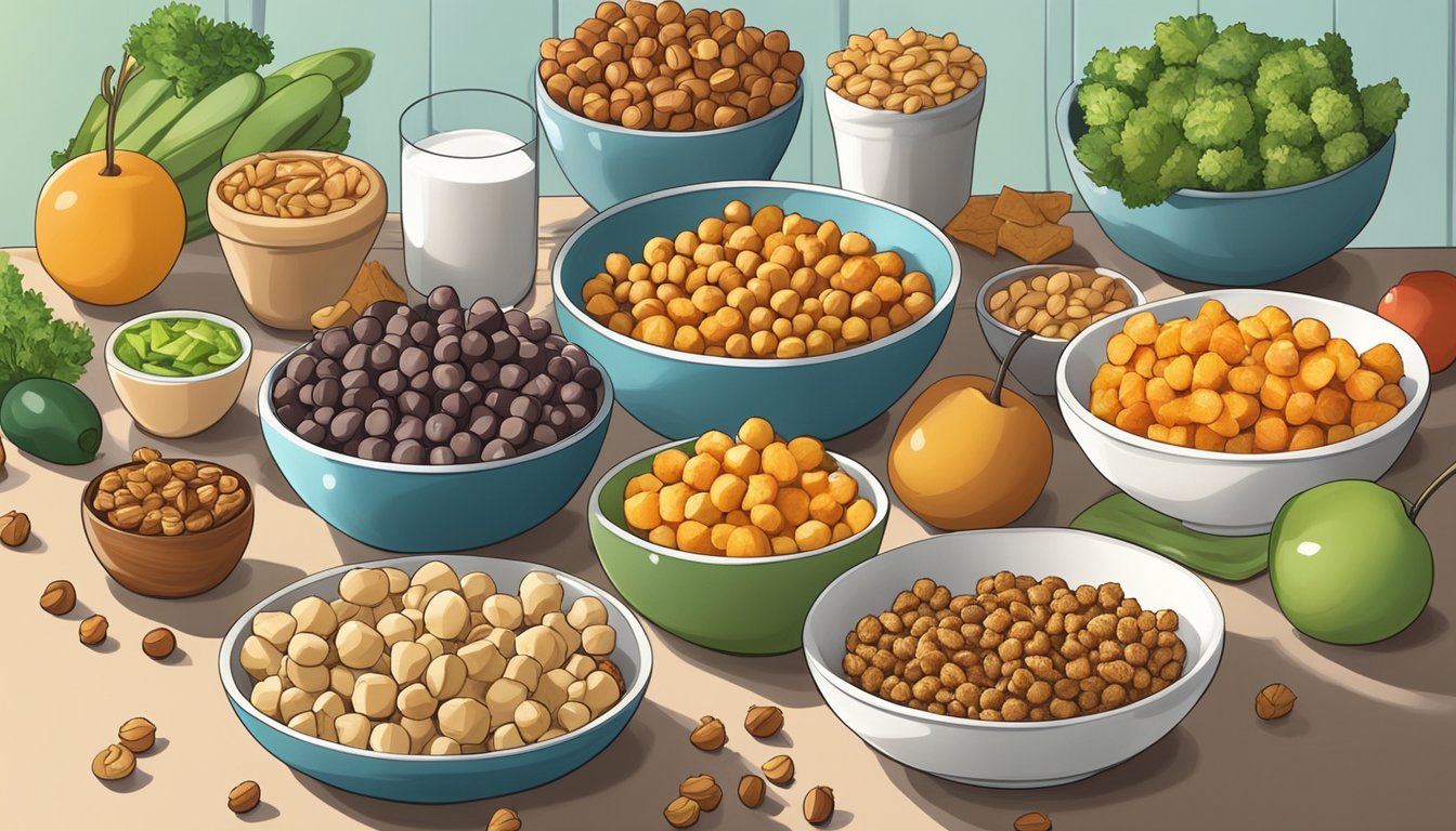 A bowl of roasted chickpeas surrounded by a variety of healthy snack options, including nuts, fruits, and vegetables, on a clean and organized kitchen counter