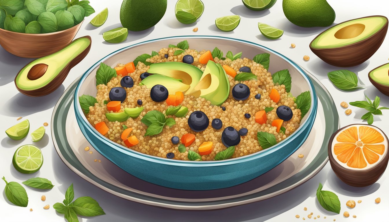 A colorful bowl filled with quinoa, avocado, and various other fresh, nutrient-rich ingredients arranged in an appealing and appetizing manner