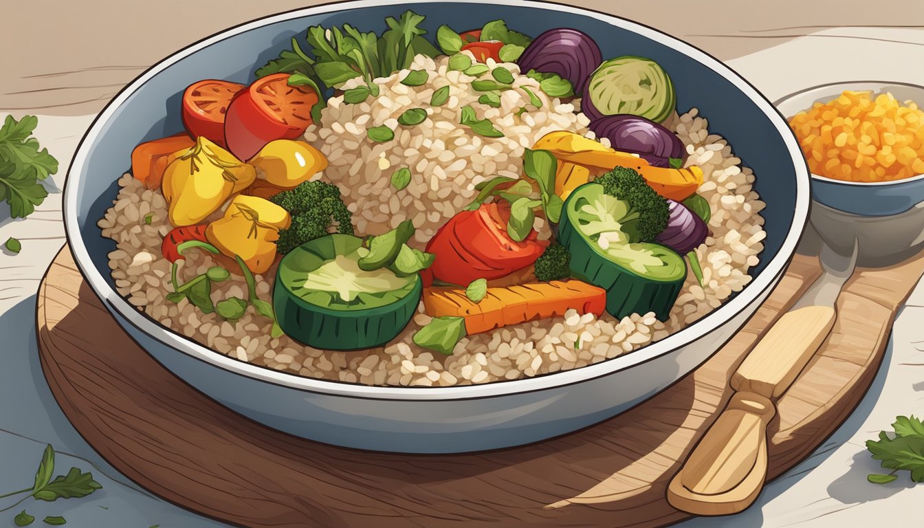 A colorful array of grilled vegetables arranged around a mound of fluffy brown rice in a shallow bowl